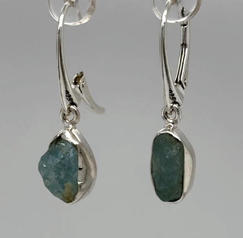 Raw Natural Cut Blue AQUAMARINE Rough Cut Earrings - 925 STERLING SILVER #901-Fe - Video 1 of 1