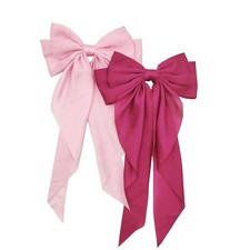 2 PCS Large Satin Hair Bows Extra Long Tail Clips Pink  Rose Red