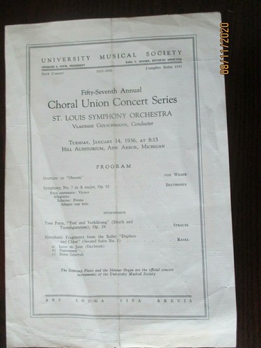 SOCIEDAD MUSICAL UNIVERSITARIA MICHIGAN PROGRAMA DE CONCIERTOS CORALES ANN ARBOR ENERO 1936 - Imagen 2 de 5