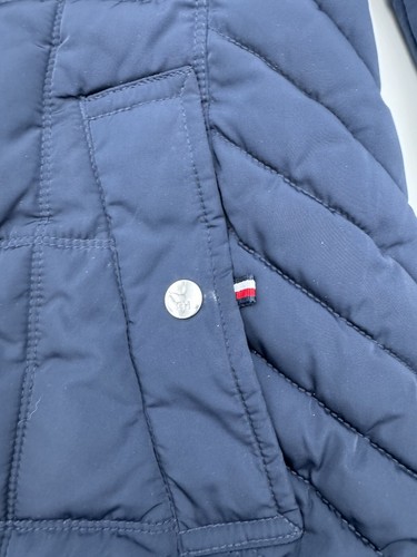 Women's Tommy Hilfiger Deep Blue Puffer Jacket Zip Pockets Maroon Lining XS Long - Picture 8 of 11