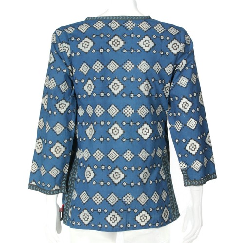 FABINDIA Blue White Embroidered Aztec Diamond Pattern Wrap Womens Top sz M /983 - Picture 3 of 5