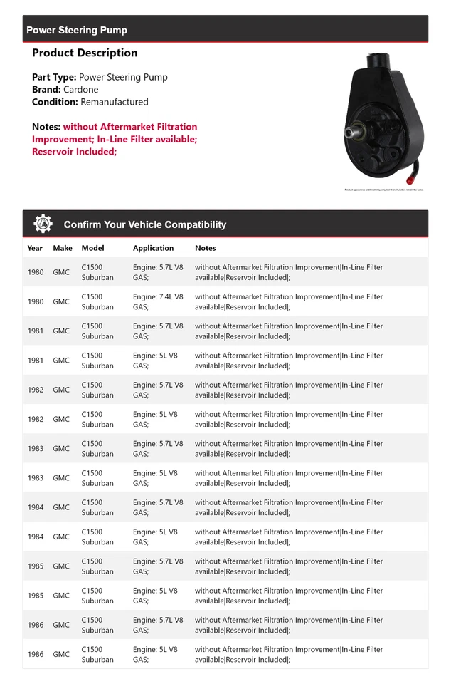 Насос гидроусилителя руля для 1980-1986 GMC C1500 Suburban Cardone 1981 1982 1983 1984 - Изображение 2 из 4