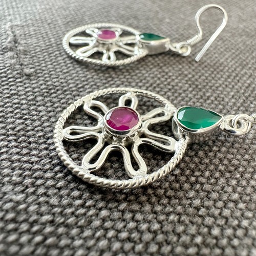 NEW 925 Sterling Silver Flower Ruby Emerald Drop Dangle Silver Earrings Western - Picture 4 of 7