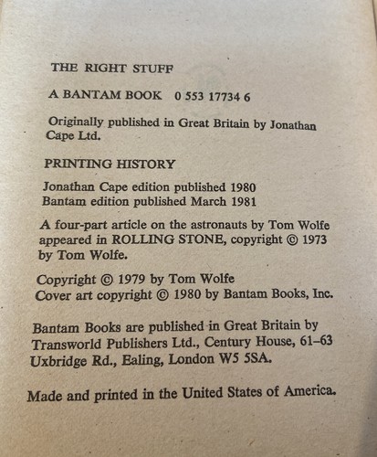 The Right Stuff by Tom Wolfe 1981 UK Bantam PB 1st - Vintage - Picture 6 of 6