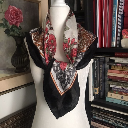 Vtg Satin Scarf Shawl Floral Multicolor Black Border 31" Square Polyester Korea - Picture 2 of 7