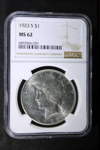 1923-S PEACE DOLLAR NGC MS62, BRILLIANT COIN!!!