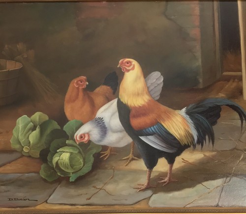 Oil Painting On Canvas, Signed, CHICKENS CABBAGE KITCHEN, Gold Frame 27 X 24 - Picture 3 of 10