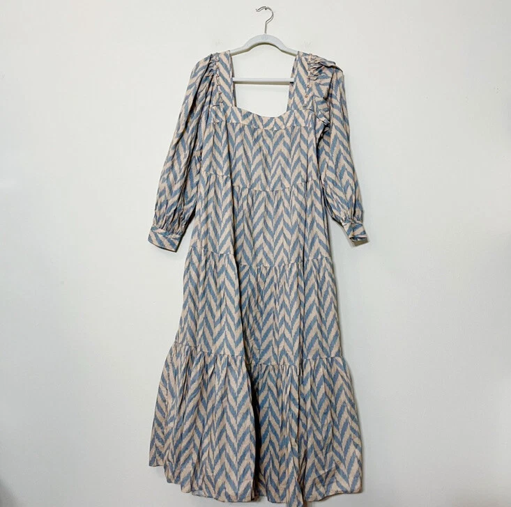 Ulla Johnson Georgina Dress Birch Size 6 Maxi Chevron Midi Tiered Herringbone