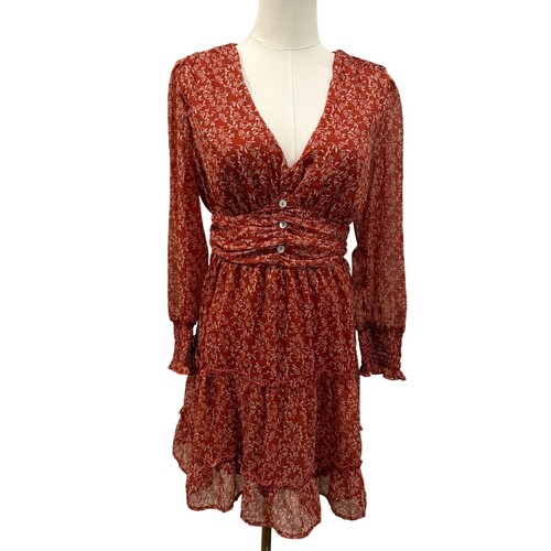 Burnt Orange Floral Chiffon Ruffle Long Sleeve Mini Dress Large Boho Fall Autumn - Picture 1 of 9