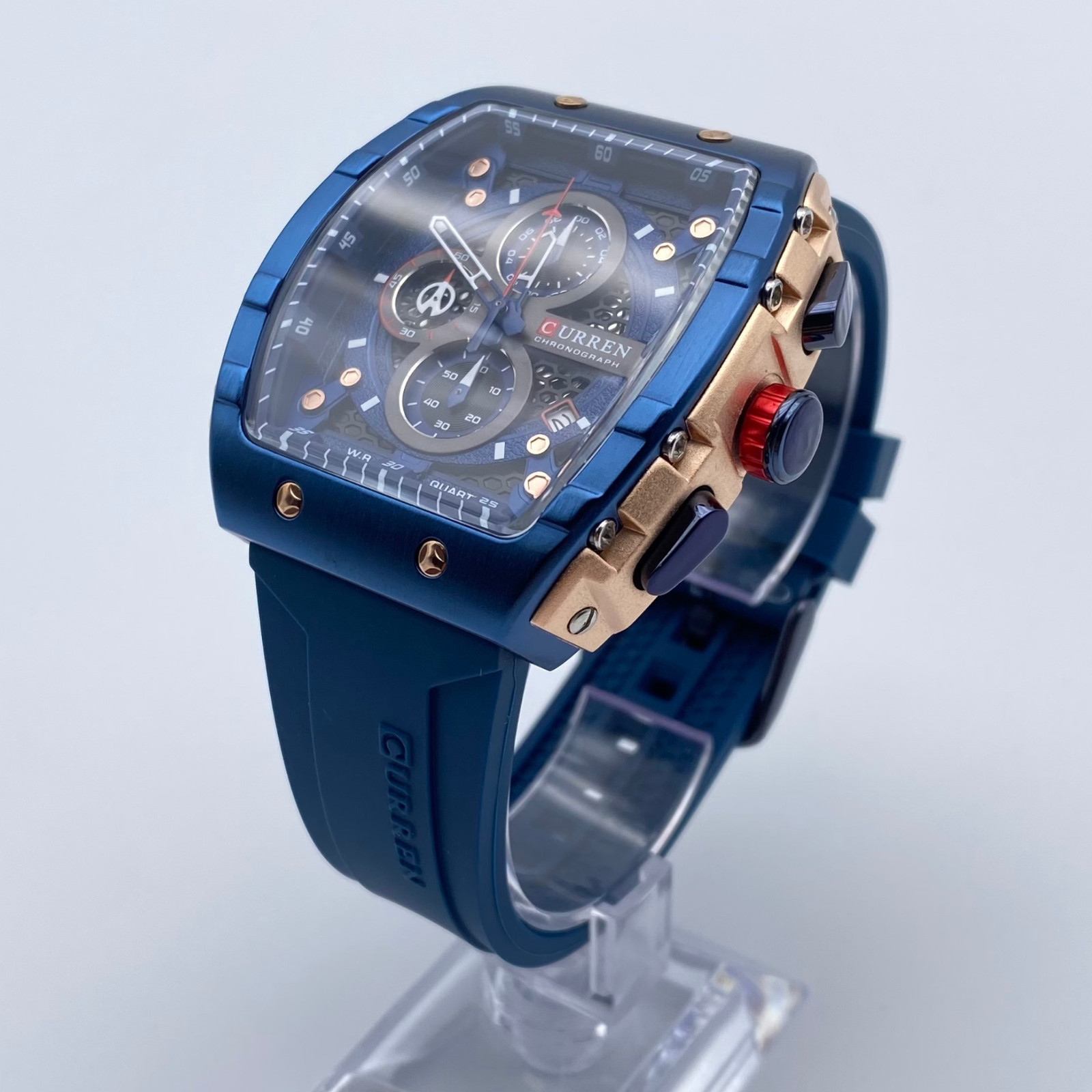 Montre de luxe rectangle bleu 47 mm en acier avec chronographe