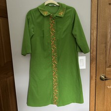 Vintage Green Embroidered Large Retro Housecoat Gold Orange Floral Perma-Prest