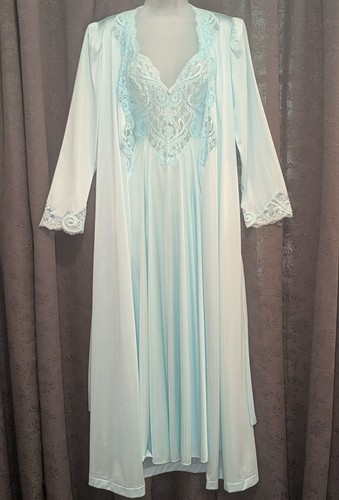 Vintage Olga Peignoir Gr. S Aqua Blau Bodysilk Full Sweep Nachthemd & Morgenmantel Set  - Bild 9 von 21