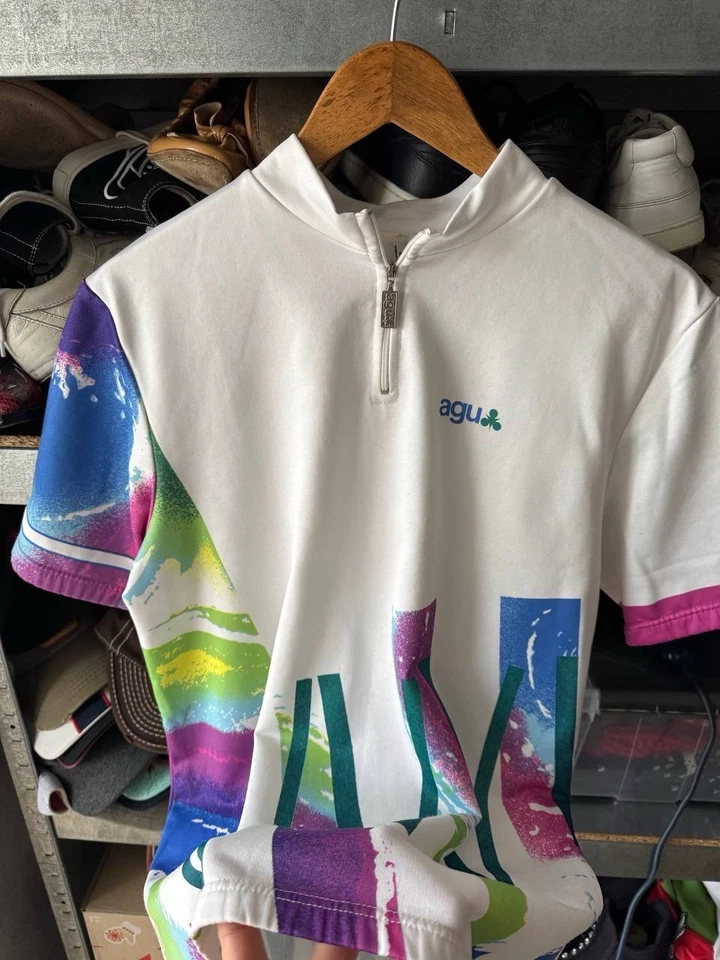 VINTAGE 80s MEN'S SHIRT AGU ITALY ITALIA CYCLING BICYCLE JERSEY MAGLIA SIZE L-XL - Image 3 of 4