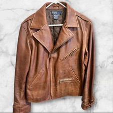 Vintage Polo Ralph Lauren Medium Brown Biker Riding Moto Leather Jacket Buckle