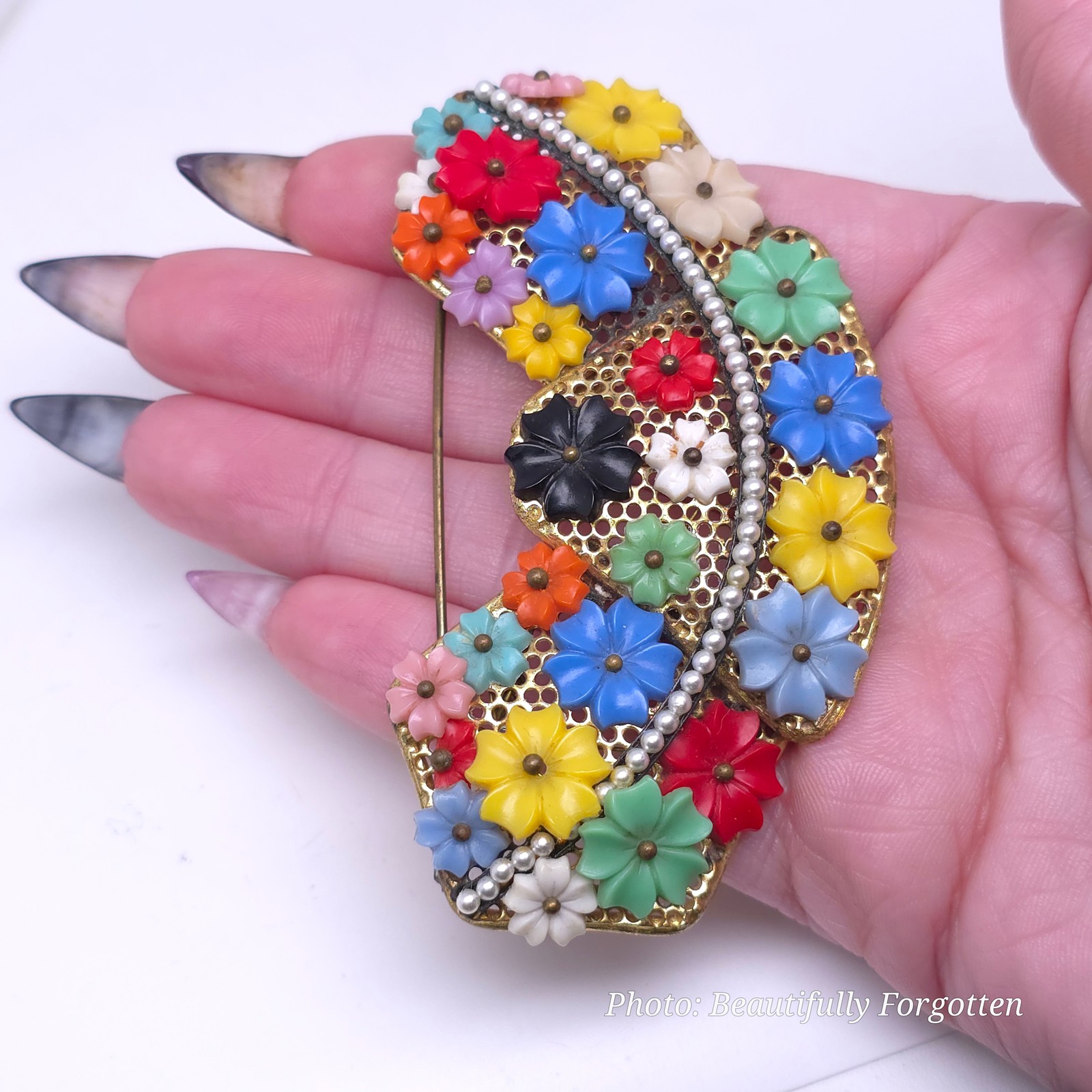 Early Haskell Large Multi Color Floral Brooch - image 2