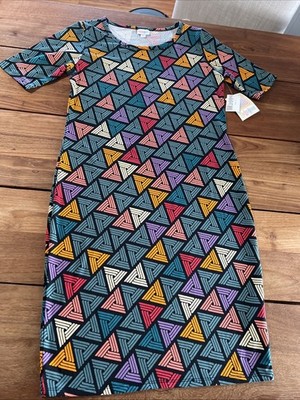 LuLaRoe Julia Dress NWT Large Black With Colorful Triangular Designs.  U1