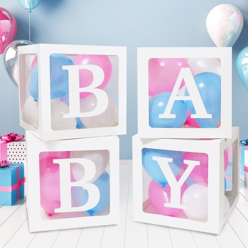 RUBFAC Baby Boxes with 41 Letters and 36 Balloons, 4pcs Clear Balloon Boxes f...