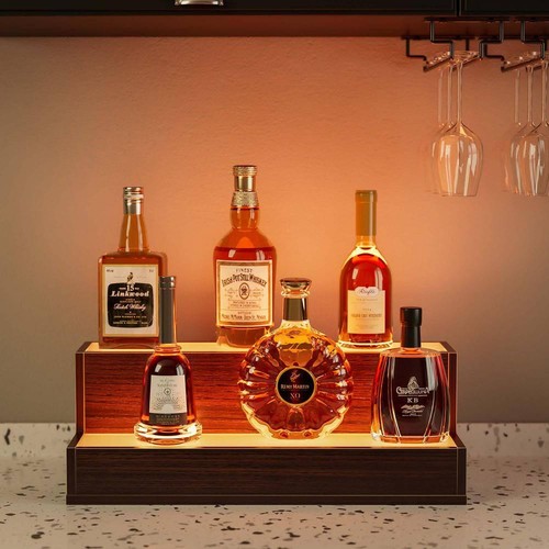 20 in. Wood LED Lighted 2-Tier Wine Glass Rack Bar Display Shelf with App and - Picture 7 of 7