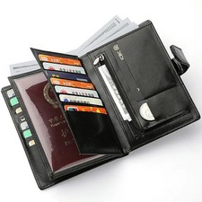 High Capacity Men's Passport Leather Wallet Multiple Card Slots and A Clear ID W