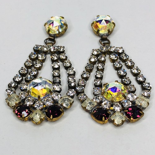 Vtg Bijoux MG Gold Tone Earrings Purple Crystal Rhinestone Statement Art Deco - Picture 5 of 9