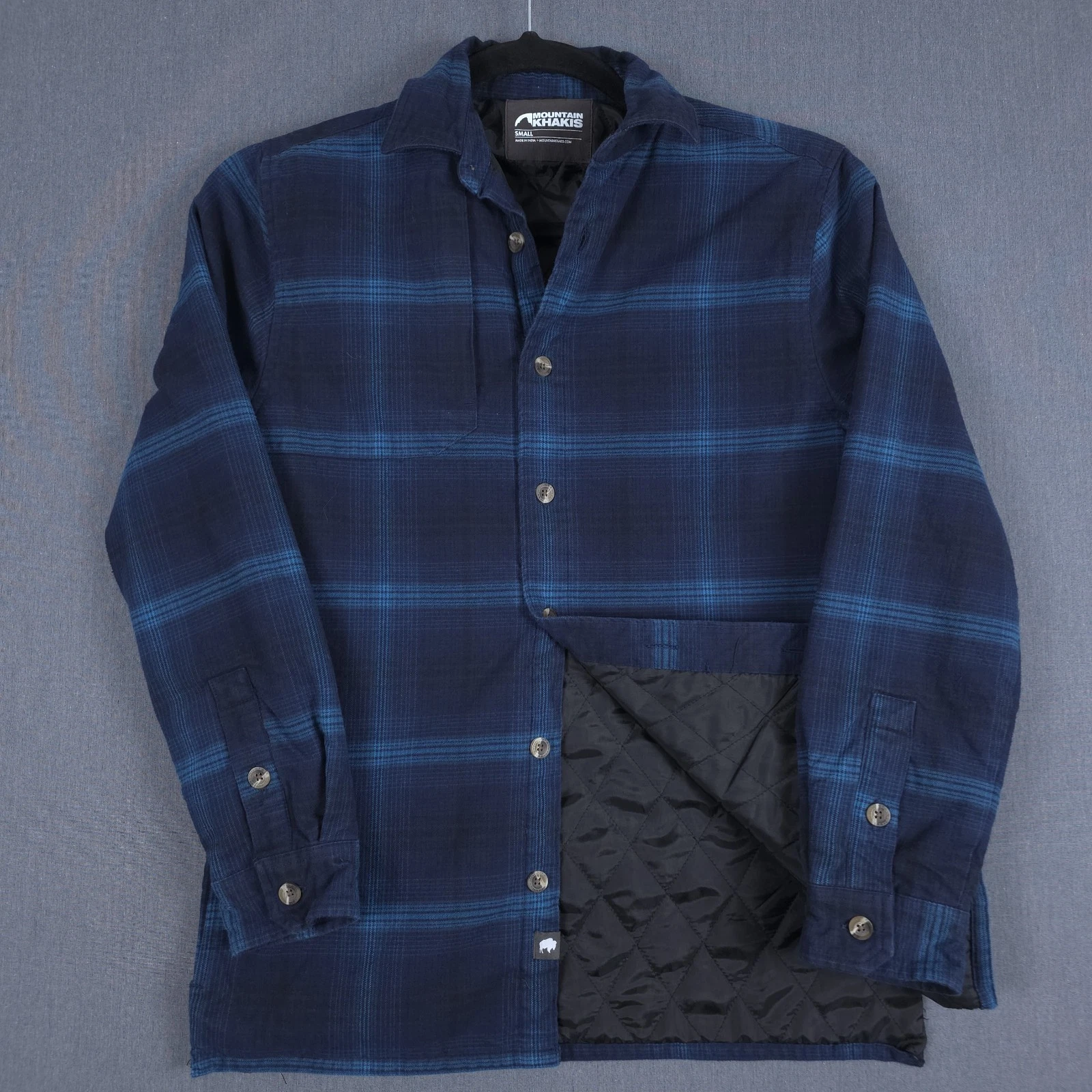 Mountain Khakis Shirt Jacket Mens Small Blue Plaid Quilt Lined Outdoor Shacket