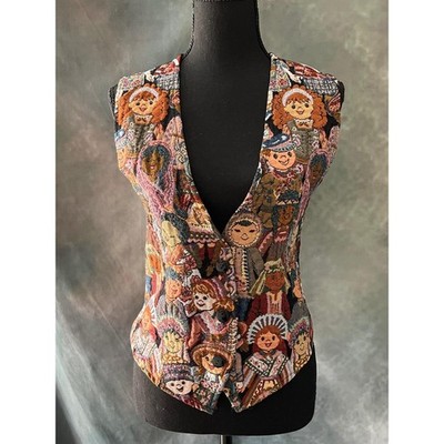 Facets 90S Vintage Tapestry Vest Faces Pattern Button Down Tie Back Ladies S/M
