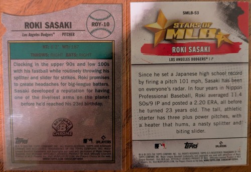 2025 Topps ROKI SASAKI RC Stars Of MLB SMLB-53, Bowman Chrome ROY-10 Dodgers - Picture 2 of 2