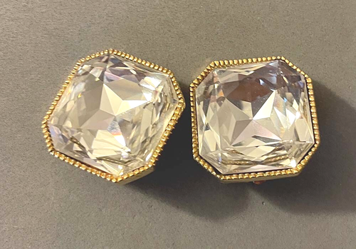 ST. JOHN Asscher Look Huge Diamante Rhinestone Gold Plated Clip On Earrings - Picture 2 of 5