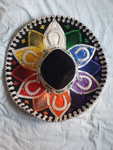 Salazar Yepez mexikanischer Samt Sombrero Mariachi Hut silber Regenbogen Hufeisen sehr guter Zustand