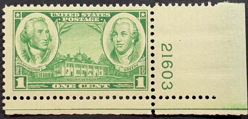 U.S. Scott #785, Stamp w/Plate #, Army Issue; Washington and Greene, F-VF, MNH