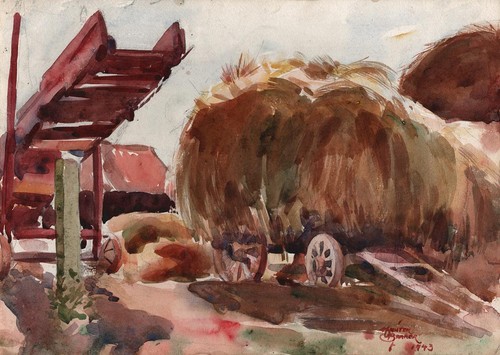 HUNTER BARKER Impressionist Aquarell Gemälde ERNTE HEUWAGEN 1943