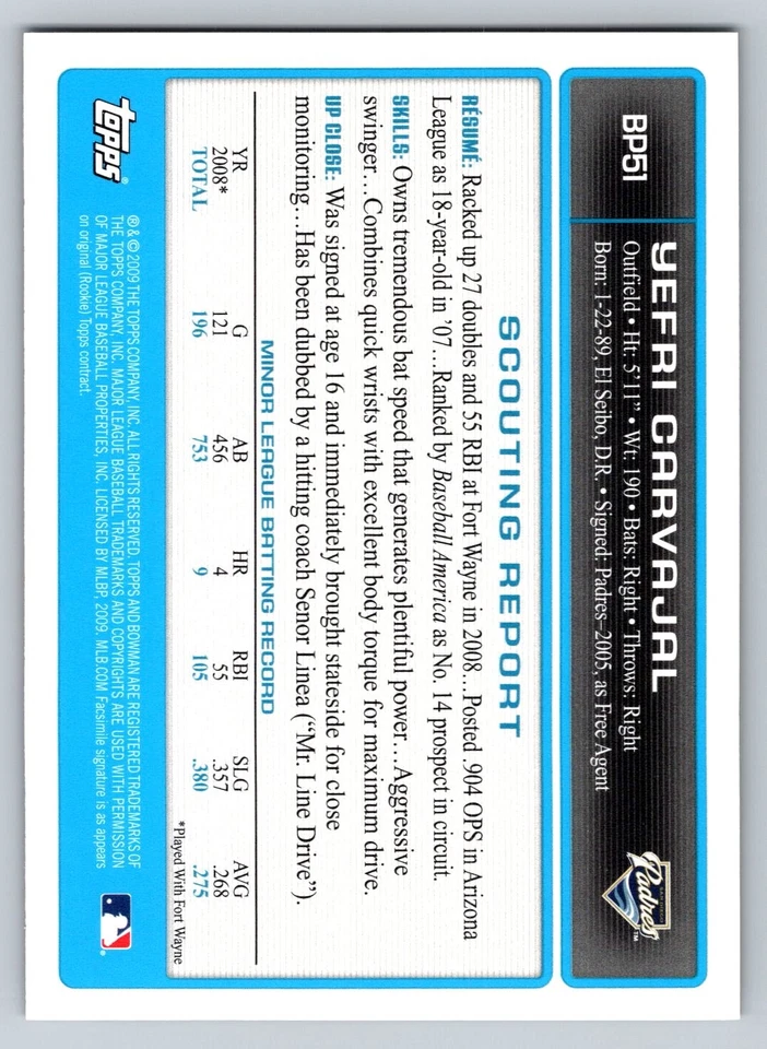 Yefri Carvajal 2009 Bowman Prospects #BP51 San Diego Padres Baseball Card - Image 2 of 2