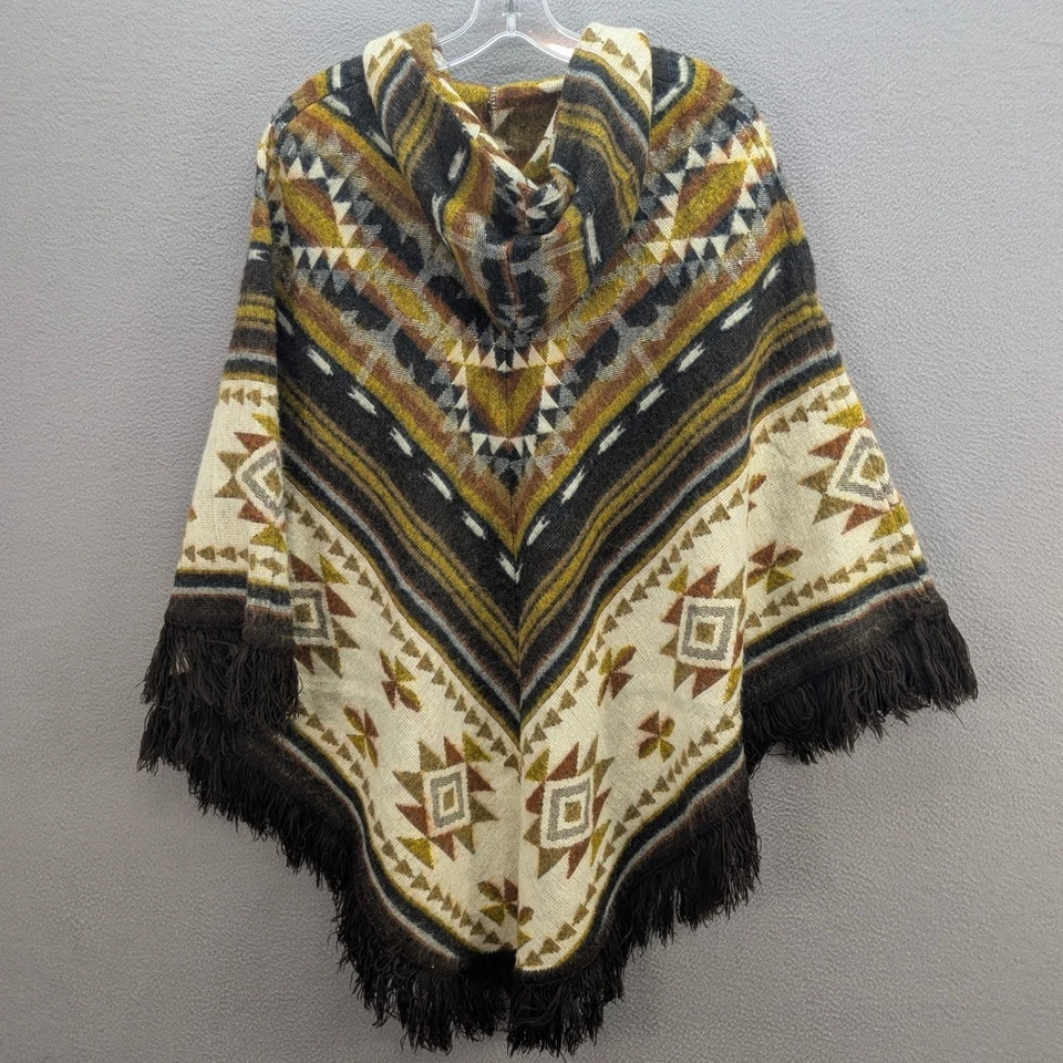 Vtg Southwestern Hooded Poncho Fringe Aztec Tribal Pattern Bohemian Boho Chic - Image 4 of 4