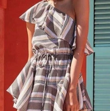 SHONA JOY San Remo Ruffle Dress AU 12 US 8 One Shoulder Chevron Swing Mini Tonal