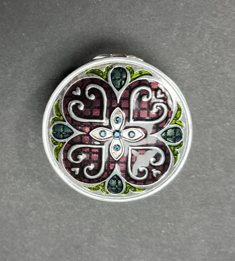 1.75" Enameled Irish Silver toned Floral Purple Green Blue Rhinestone Pill Box - Image 2 of 4