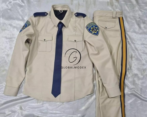 Men's Biker Style Beige Full Uniform Set Leather Shirt & Pant & Blue Tie - Picture 2 of 4