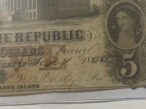 1855 $5 La Banca della Repubblica Provvidenza, Rhode Island moneta obsoleta - Foto 6 di 8