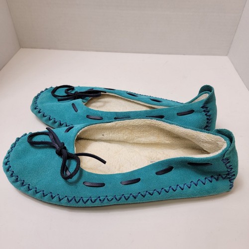 Vermont Store Suede Moccasin Slipper Womens 11 Blue Brushed Terry Adjustable - Picture 1 of 9