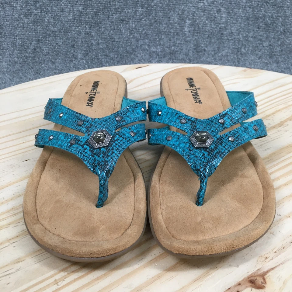 Minnetonka Sandals Womens 9 Wide Thong Blue Faux Leather Toe-Post Comfort Casual - Image 4 of 4