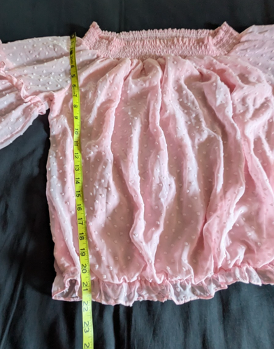 Rosa Schweizer Punkte Schulterfrei Bluse Top Gr. XL Glockenärmel Transparent - Bild 6 von 7