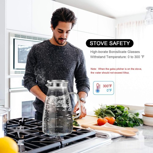 Elegante jarra de vidrio de borosilicato 68 oz - tapa de acero inoxidable y línea de escala - Imagen 7 de 9