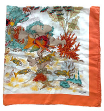 CELINE paris square scarf Tropical colorful fish orange white ocean sea 34"