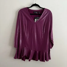 Attitudes By Renee Women L Berry Shimmer V-Neck 3/4 Sleeves Cha Cha Hem Top NWT