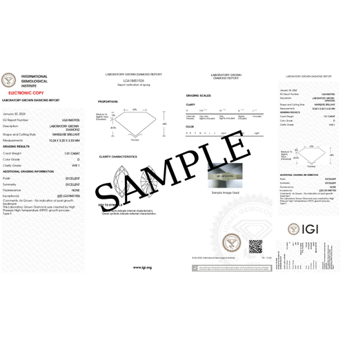 Lab Grown IGI Certified HPHT Diamond 1.00 CARAT MARQUISE Color F Clarity VVS2 - Picture 2 of 9