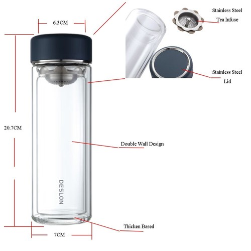 Deslon double wall glass water bottle with stainless steel tea infuser 360ml - Picture 3 of 4