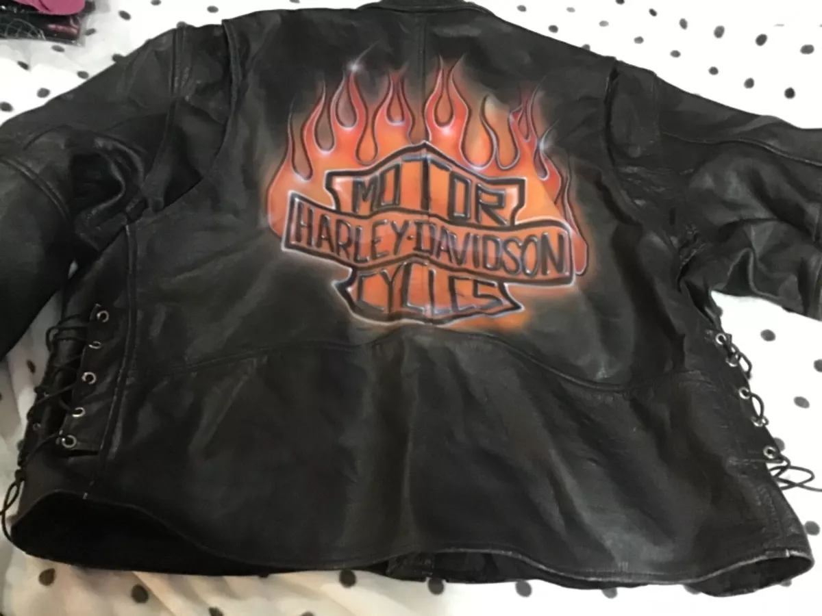 Motor harley davidson cycles painted flames design leather jacket 3X used notear