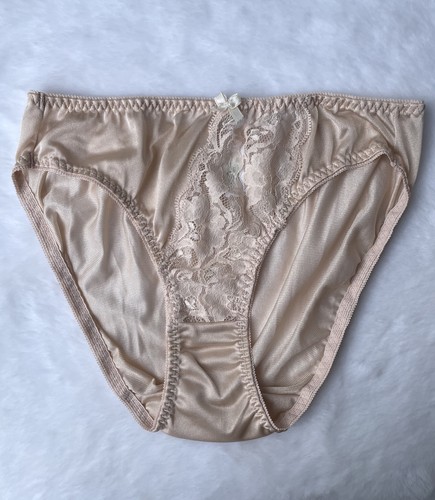 Nude Beige Slippery Vintage Nylon Panty Sheer Lace Bikini High Leg Briefs SZ.7-8 - Picture 3 of 20