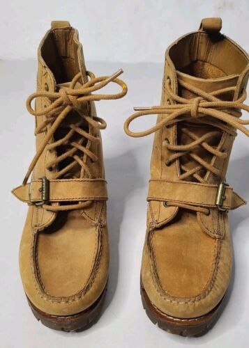 Lauren Ralph Lauren Zera hellbraune Stiefel Leder Mokassin Schnalle Damen 7 B - Bild 2 von 19