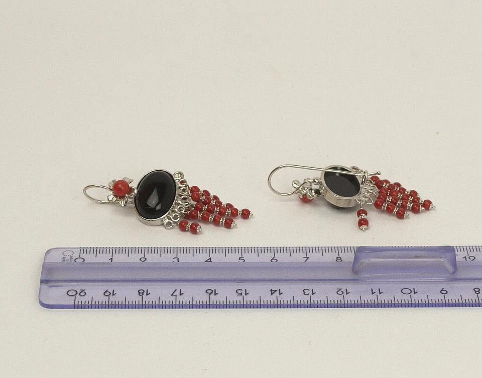 ORECCHINI IN ARGENTO 925 CABOCHON ONICE  OVALE CON PENDOLI CORALLO - AGHT 0768 - - Immagine 3 di 3