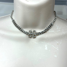Vintage Silver Tone Choker Necklace Clear Rhinestones Hook Closure Adjustable